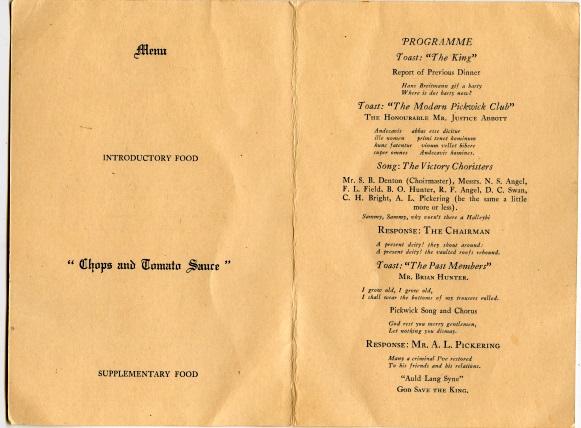 Pickwick club menu, Adelaide, 1934