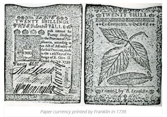 Franklin's nature-printed paper currency in 1739.